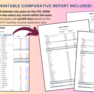 334 Printable comparative income statement report: select any month or year to date across two years, or within the same year, and it fills in from the monthly income statement tabs.