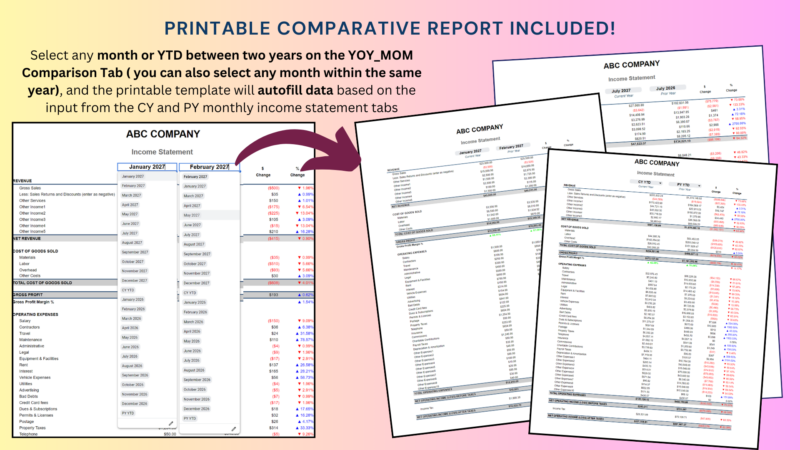 334 Printable comparative income statement report: select any month or year to date across two years, or within the same year, and it fills in from the monthly income statement tabs.