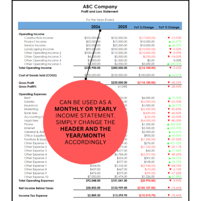 Income statement comparison that can be used monthly or yearly by changing the header and the year or month.