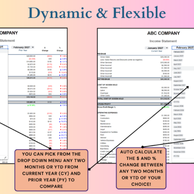 335 Income statement comparison: pick any two months or year-to-date periods from the current and prior years, and the dollar and percent change are calculated.
