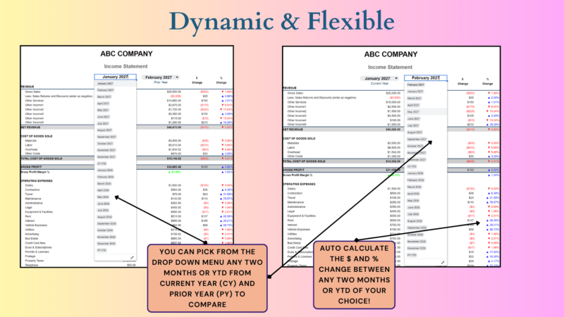 335 Income statement comparison: pick any two months or year-to-date periods from the current and prior years, and the dollar and percent change are calculated.