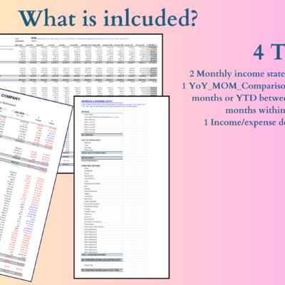 336 What's included, 4 tabs: 2 monthly income statements (current and prior year), a comparison tab for any two months or year-to-date periods, and an income and expense description setup tab.