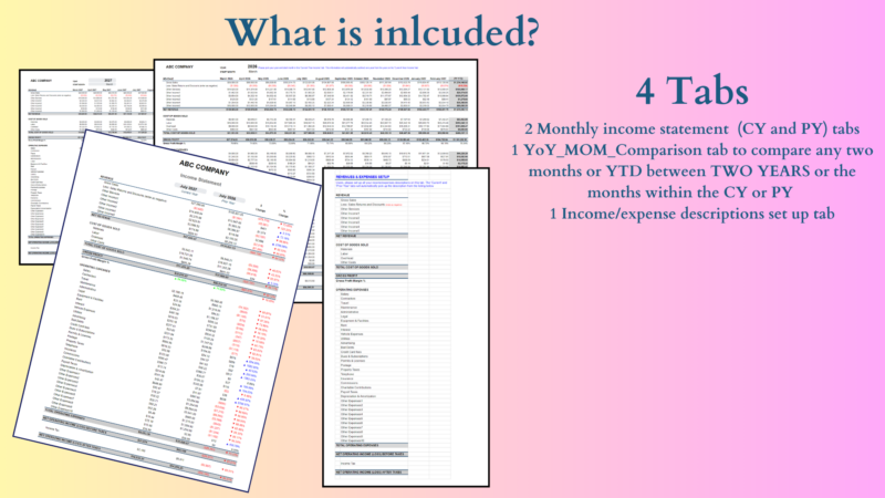 336 What's included, 4 tabs: 2 monthly income statements (current and prior year), a comparison tab for any two months or year-to-date periods, and an income and expense description setup tab.