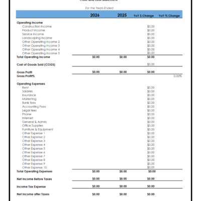 A blank income statement comparison template.
