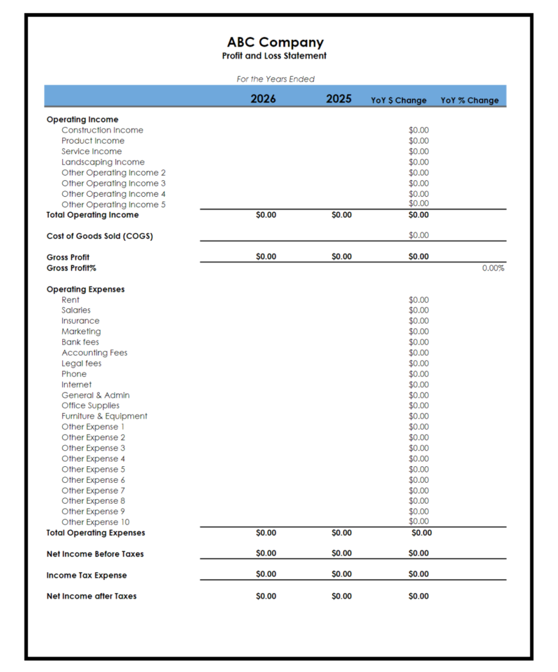 A blank income statement comparison template.
