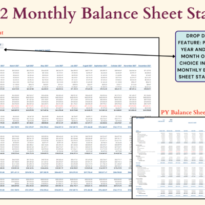 Includes 2 monthly balance sheets, current year and prior year: pick any year and start month for the current year.