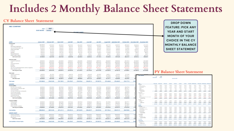 Includes 2 monthly balance sheets, current year and prior year: pick any year and start month for the current year.