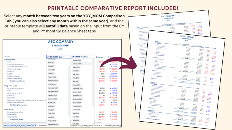Printable comparative balance sheet report: select any two months across two years, or within the same year, and it fills in from the current and prior year monthly balance sheets.