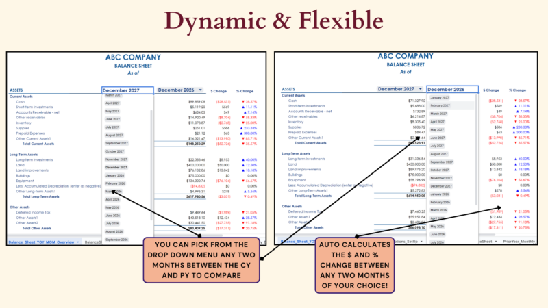 Balance sheet comparison: pick any two months from the current and prior years to compare, and the dollar and percent change are calculated.