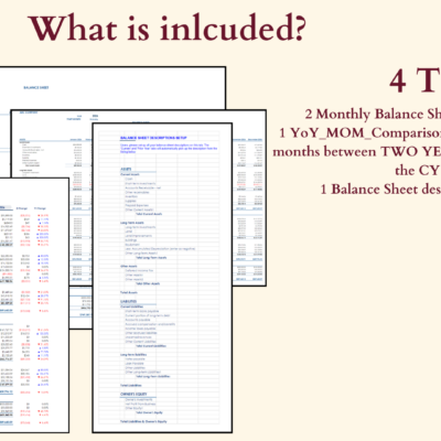 What's included, 4 tabs: 2 monthly balance sheets (current and prior year), a comparison tab for any two months, and a balance sheet description setup tab.