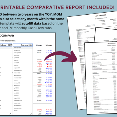 342 Printable comparative cash flow report: select any month or year to date across two years, or within the same year, and it fills in from the monthly cash flow tabs.