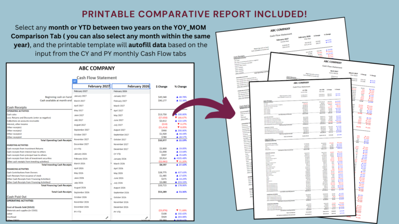342 Printable comparative cash flow report: select any month or year to date across two years, or within the same year, and it fills in from the monthly cash flow tabs.