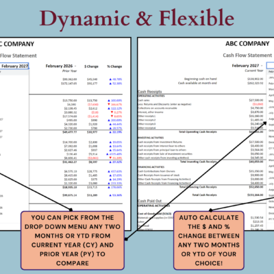 343 Cash flow comparison: pick any two months or year-to-date periods from the current and prior years, and the dollar and percent change are calculated.