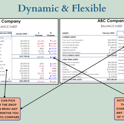 Balance sheet comparison: pick any two months from the drop-down lists, and the dollar and percent change are calculated.