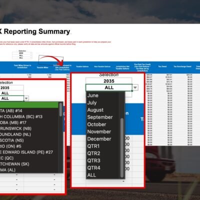 IFTA tax reporting summary: filter by year, month or quarter, and state or province to see miles, taxable gallons, tax paid, tax owed and net tax or credit by jurisdiction.