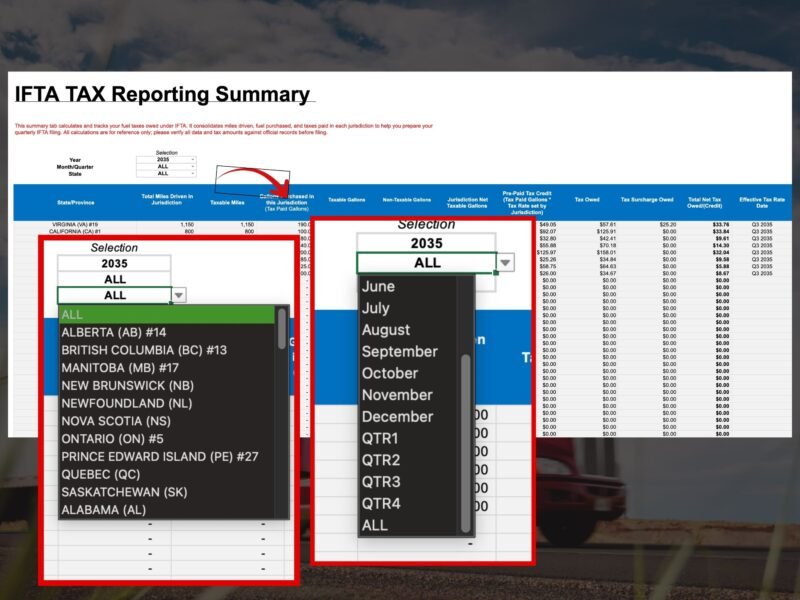 IFTA tax reporting summary: filter by year, month or quarter, and state or province to see miles, taxable gallons, tax paid, tax owed and net tax or credit by jurisdiction.