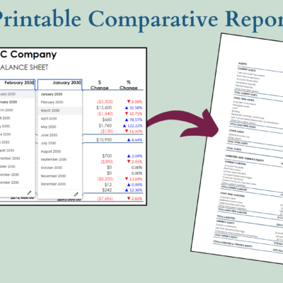 Printable comparative balance sheet report: pick any two months to compare.