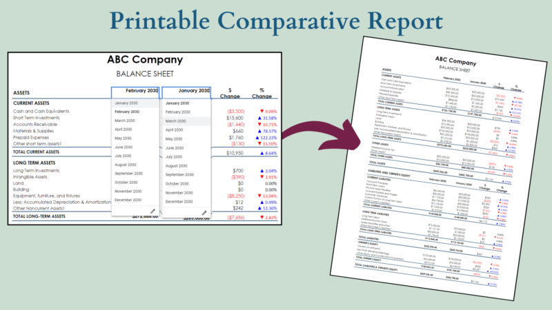 Printable comparative balance sheet report: pick any two months to compare.