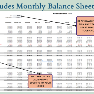 Monthly balance sheet included: pick any year and start month; all descriptions can be edited.