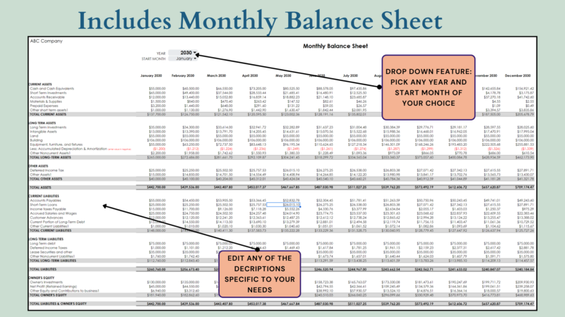 Monthly balance sheet included: pick any year and start month; all descriptions can be edited.