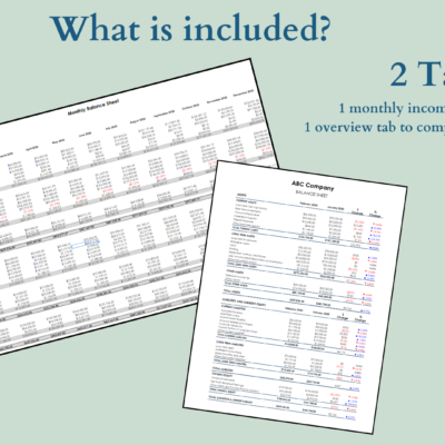 What's included, 2 tabs: a monthly tab and an overview tab to compare any two months.