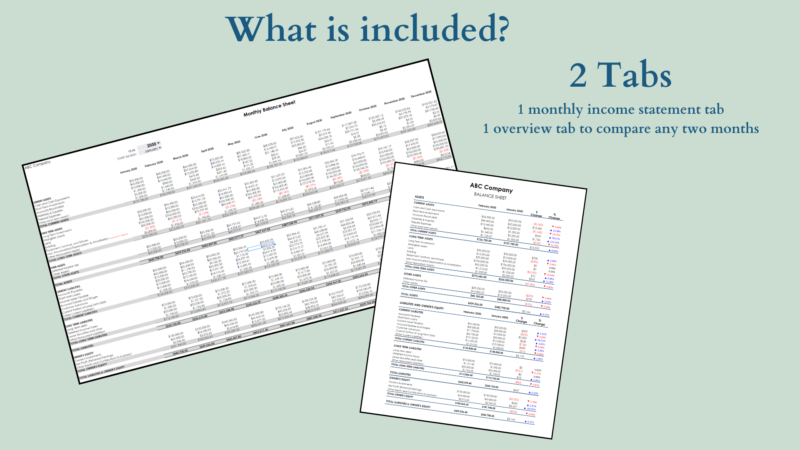 What's included, 2 tabs: a monthly tab and an overview tab to compare any two months.