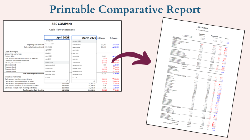 361 Printable comparative cash flow report: pick any two months to compare.