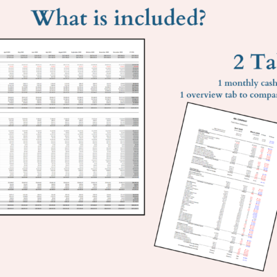 363 What's included, 2 tabs: a monthly cash flow tab and an overview tab to compare any two months.