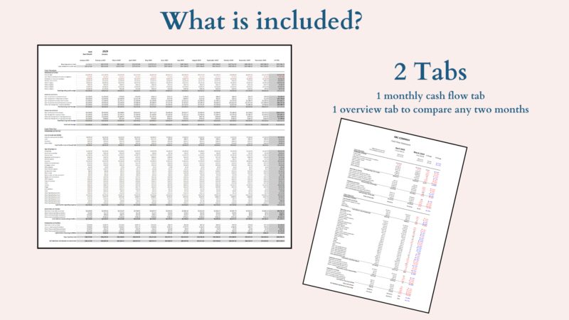 363 What's included, 2 tabs: a monthly cash flow tab and an overview tab to compare any two months.