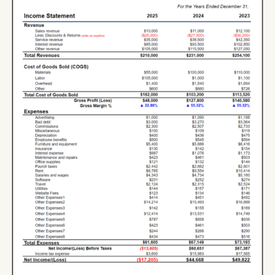 Three-year income statement for a sample company: revenue, cost of goods sold, gross profit and margin, expenses by type, net income before and after taxes.