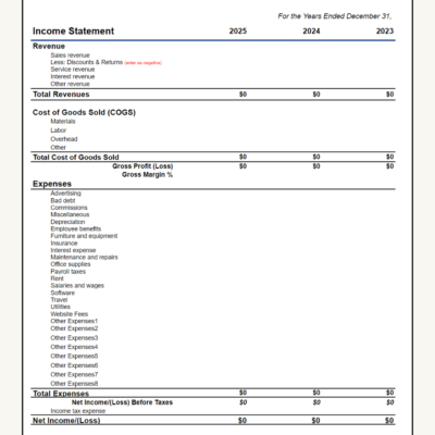 A blank three-year income statement template.