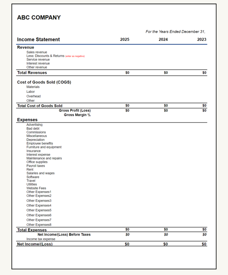 A blank three-year income statement template.