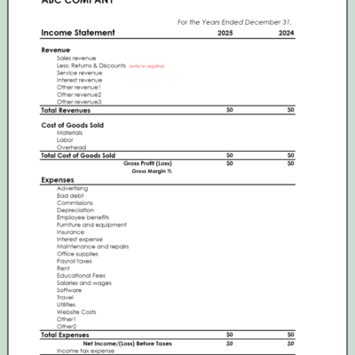 370 A blank two-year income statement template.