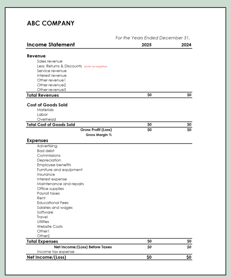 370 A blank two-year income statement template.