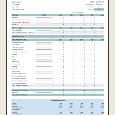 A blank five-year income projection template.