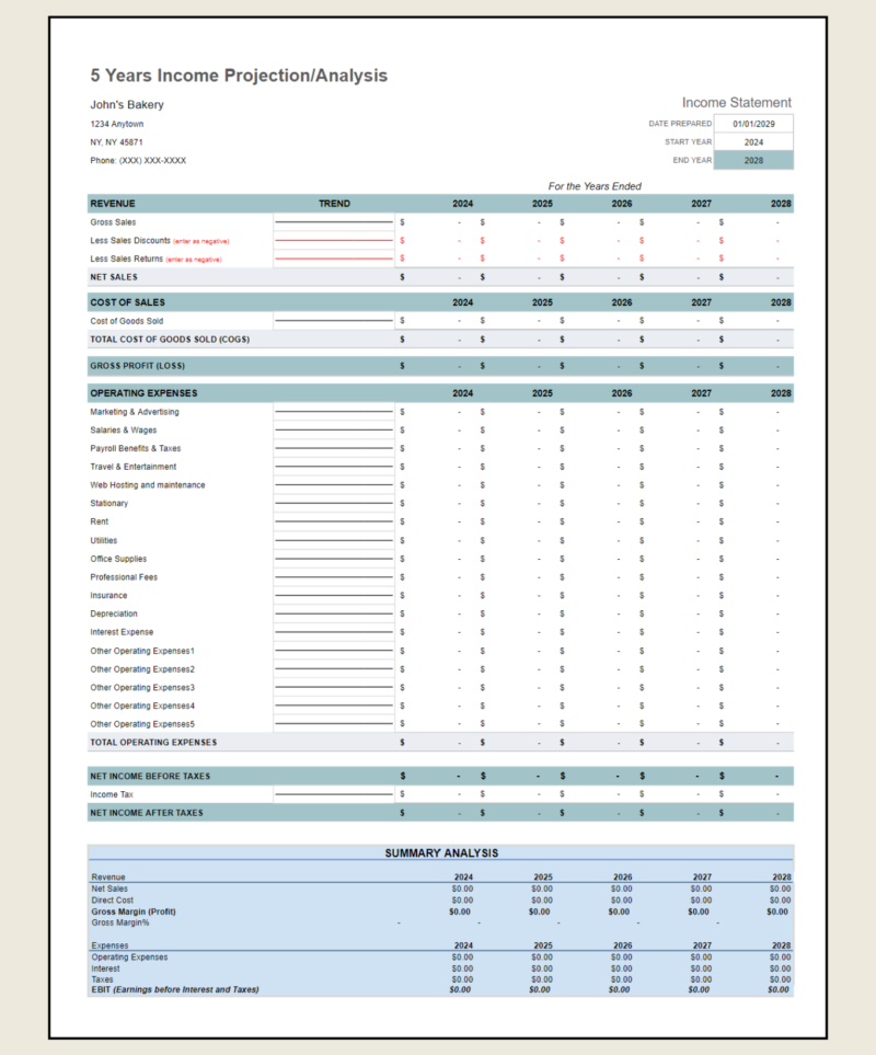 A blank five-year income projection template.