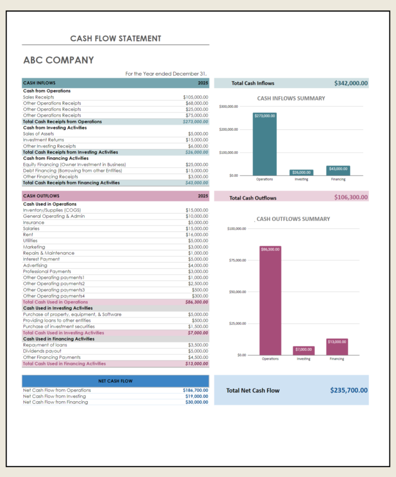 Cash flow statement for a sample company for the year: cash inflows and outflows by activity, inflow and outflow summary charts, and total net cash flow.