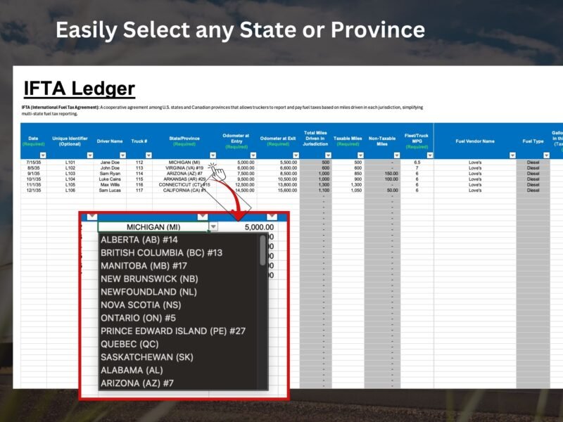 IFTA ledger: select any state or province from the drop-down list for each trip.