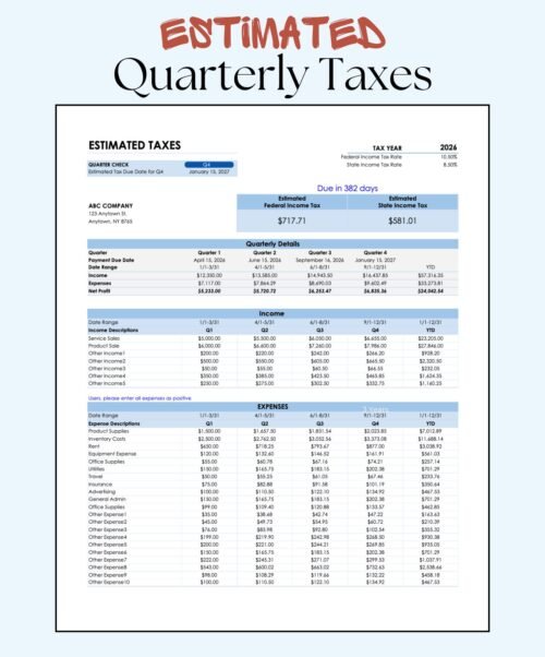Estimated quarterly taxes for a sample company: estimated federal and state income tax for the current quarter and days until it is due, quarterly details, and income and expenses by quarter and year to date.
