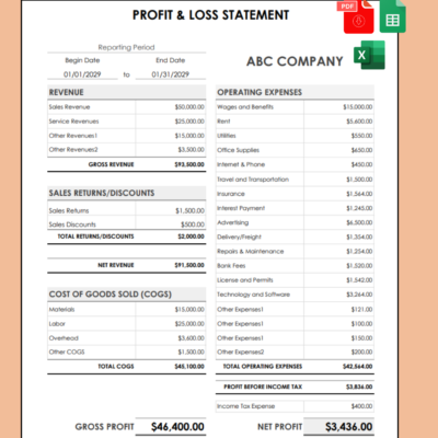 Profit and loss statement for one reporting period, side by side: revenue, sales returns and discounts, cost of goods sold, gross profit and margin, operating expenses, income tax, net profit and margin. PDF, Excel and Google Sheets.