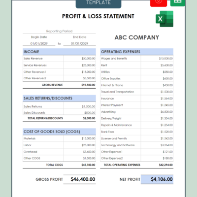 Profit and loss statement template in blue: income, sales returns and discounts, cost of goods sold, gross profit, operating expenses and net profit for one reporting period. PDF, Excel and Google Sheets.