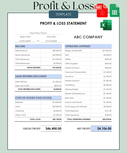 Profit and loss statement template in blue: income, sales returns and discounts, cost of goods sold, gross profit, operating expenses and net profit for one reporting period. PDF, Excel and Google Sheets.