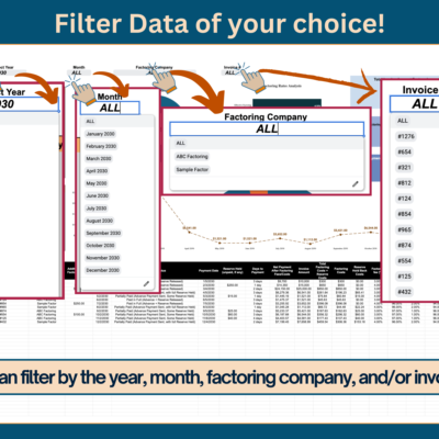 Filter the invoice factoring dashboard by year, month, factoring company and invoice number.