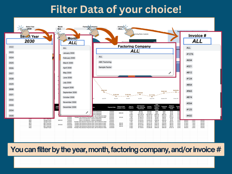 Filter the invoice factoring dashboard by year, month, factoring company and invoice number.