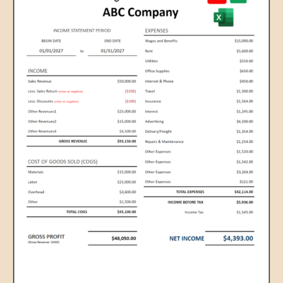 Profit and loss statement for one period: income, cost of goods sold, gross profit, expenses, income before tax, income tax and net income. PDF, Excel and Google Sheets.