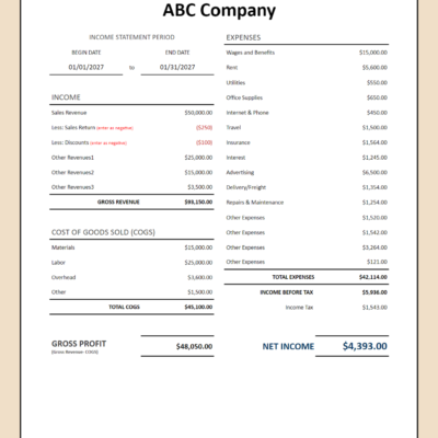 Income statement for a sample company for one month: income, returns and discounts, cost of goods sold, gross profit, expenses, income before tax and net income.