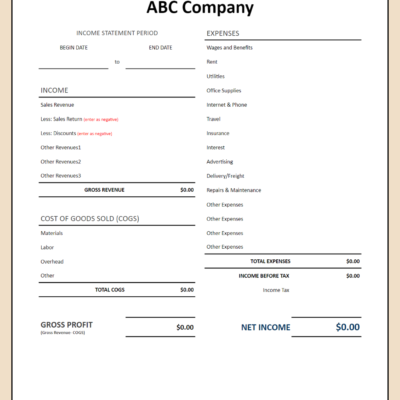 A blank income statement template.