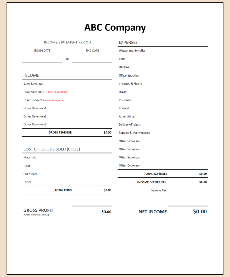 A blank income statement template.