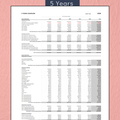 405 Five-year cash flow statement: operating, investing and financing cash receipts and cash paid out for each of five years and in total, with the net increase or decrease in cash.