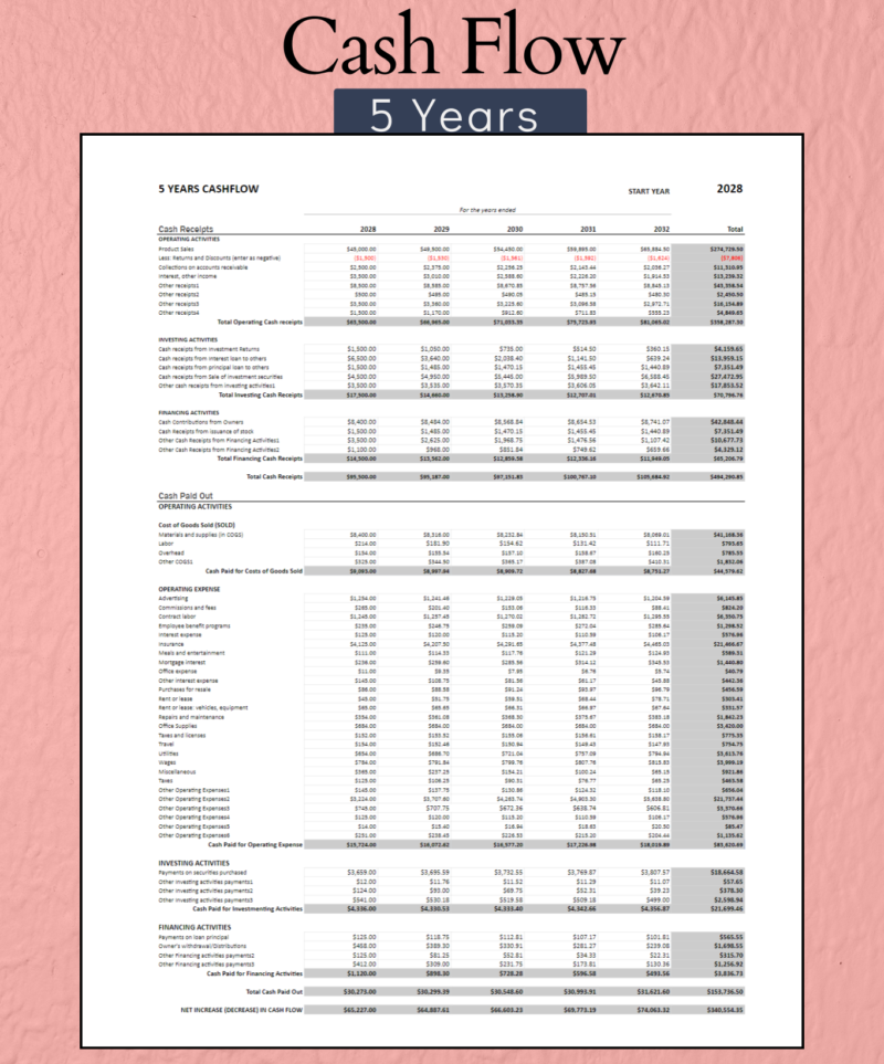 405 Five-year cash flow statement: operating, investing and financing cash receipts and cash paid out for each of five years and in total, with the net increase or decrease in cash.